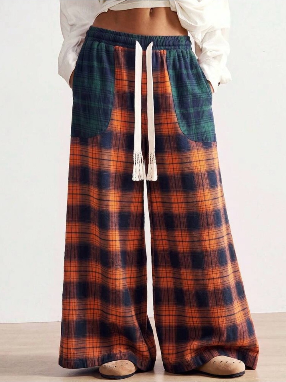 NWT Bohemela Orange and Navy Plaid Wide-Leg Lounge Pants, Various Sizes - Picture 3 of 14